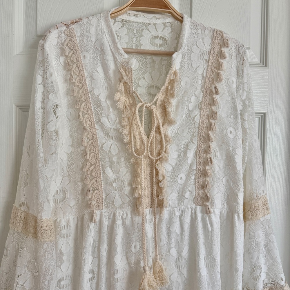 🇬🇷 Greek Santorini Lace Boho Dress with Tassels White Beige - Picture 6 of 13